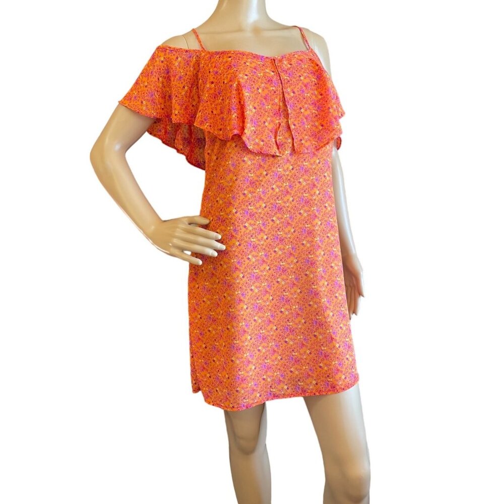 Basically Me Floral Orange Sundress Womens Sz M Flutter Sleeves Up or Down